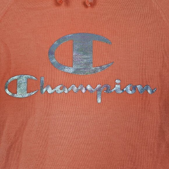 Champion Powerblend Fleece Hoodie Iridescent Script Logo Coral Pink M - Picture 3 of 7
